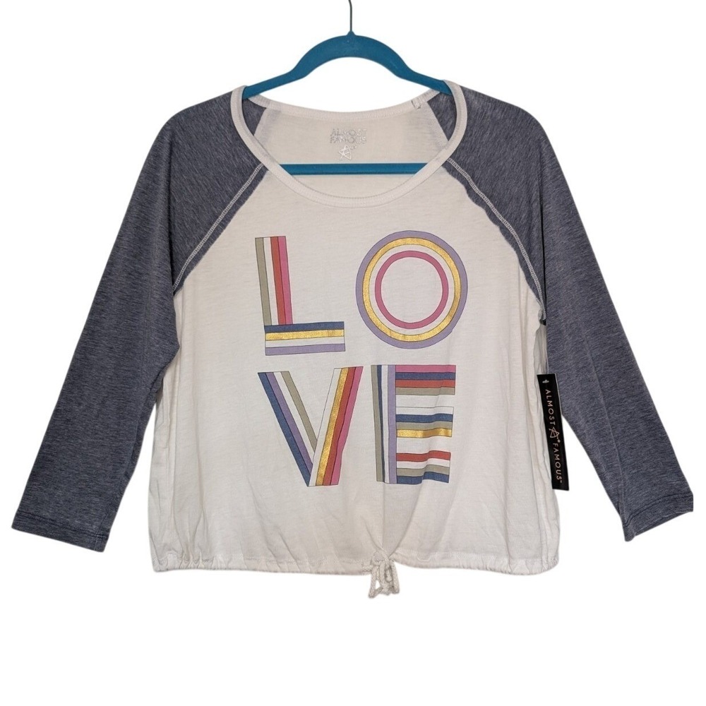 Almost Famous Womens Love Graphic Raglan Tee Gray White Large SP4970-Z3130 NWT